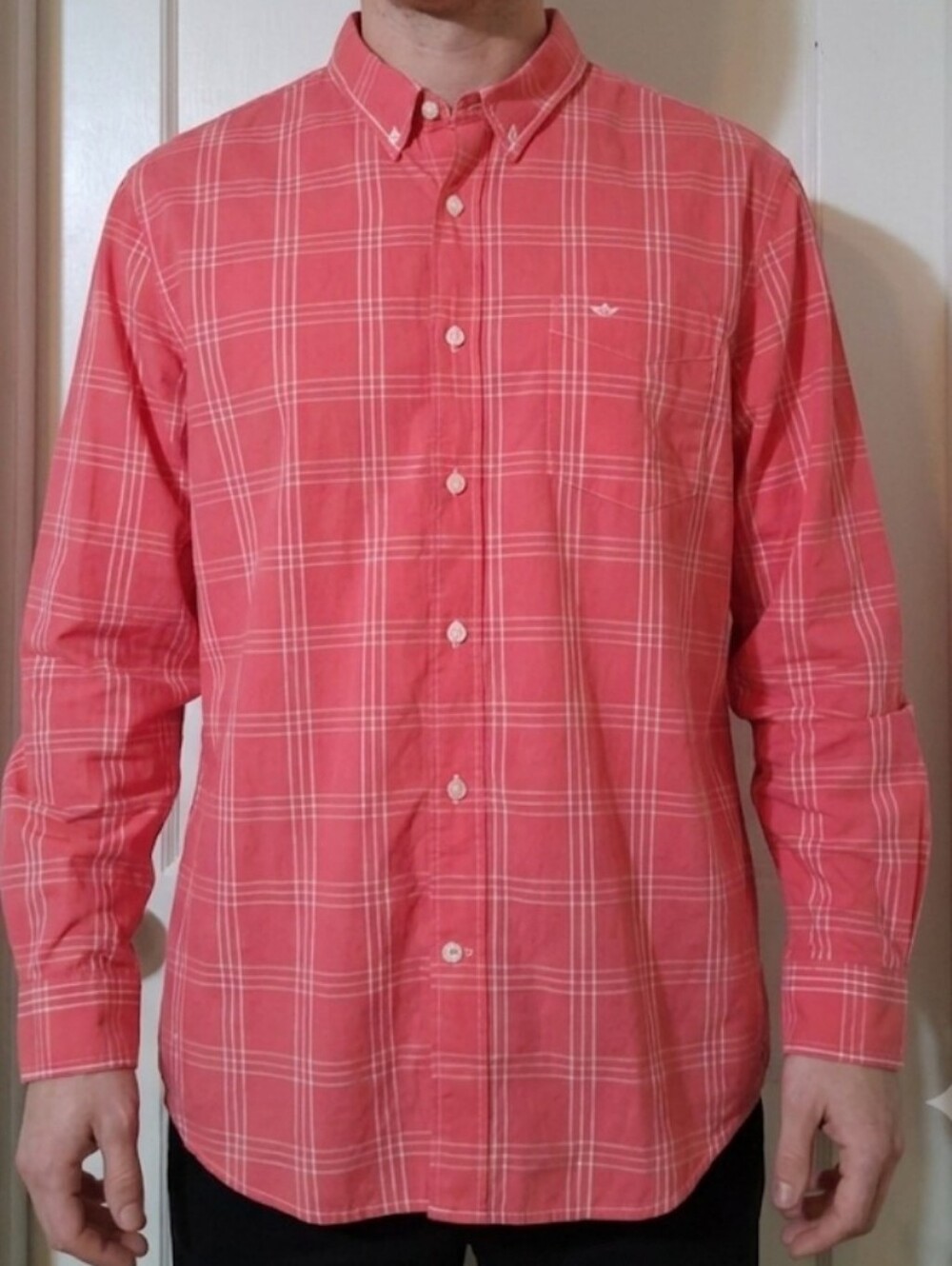 Dockers Long Sleeve Button Down Shirt Coral Peach Plaid Pocket Large Fall Winter